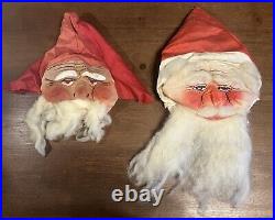 2 Early 1900's Antique Handmade Painted Cloth SANTA CLAUS Christmas Mask & Hat