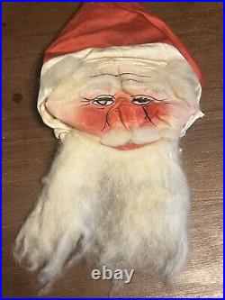 2 Early 1900's Antique Handmade Painted Cloth SANTA CLAUS Christmas Mask & Hat