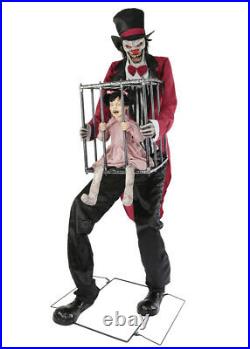 7' Rotten Ringmaster Clown w Kid Cage Halloween Animated Life Size Prop Haunted