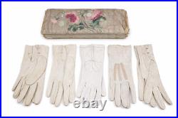 Antique Glove Box + 5 Pairs of Vintage Leather & Fabric Gloves (France)