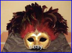 Cirque Du Soleil Hand Made Mask Red Feather Gold With Signature And Cart