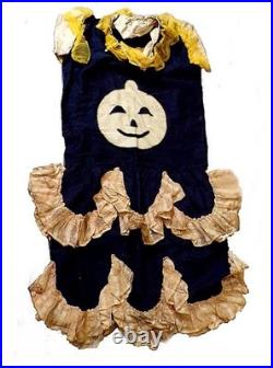 Early 20th C. Orange & Black Halloween Dress Pumpkin Applique & Lace Trim