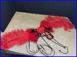 Early Gypsy Renaissance Mardi Gras Mask, over 3 ft. Red, black, gold, feathers