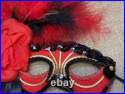 Early Gypsy Renaissance Mardi Gras Mask, over 3 ft. Red, black, gold, feathers