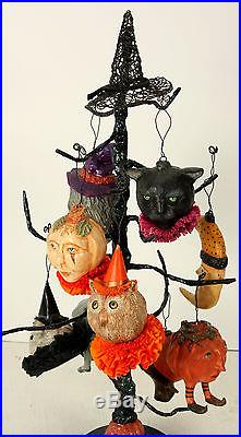 Halloween Tree with 9 Ornaments Paper Mache OOAK by Bonnie Jones