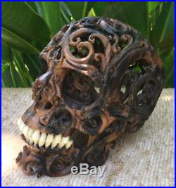 Hand Carved Wooden Realistic Human Skull Black Wood Amazing Craving flexible Jaw