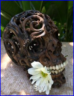 Hand Carved Wooden Realistic Human Skull Black Wood Amazing Craving flexible Jaw