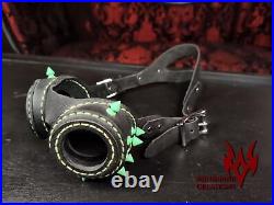 Leather Goggles Black and Neon Green Handmade Leatherwork Cyber Goth Rave