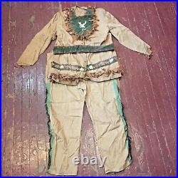 Rare Vtg Embroidered Native American Indian Halloween Costume w Leather Fringes