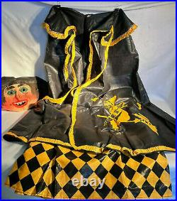 Rare Vtg Halloween Witch Mask & Skirt / Cape Costume Witch Cat Broom Moon Scene