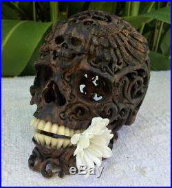 Skull Carved Wooden Realistic Human Skull Filigree Amazing Craving flexible Jaw