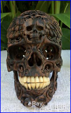 Skull Carved Wooden Realistic Human Skull Filigree Amazing Craving flexible Jaw