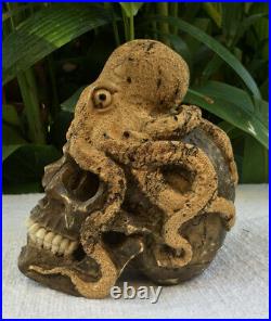 Skull Carved Wooden Realistic Human Skull Wood with Octopus Craving Oddities
