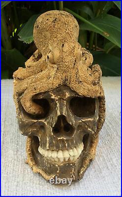 Skull Carved Wooden Realistic Human Skull Wood with Octopus Craving Oddities