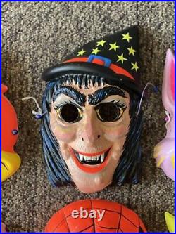 VTG Ben Cooper Rare Halloween Plastic 6 Mask Lot 60s Witch Spider-Man Woody