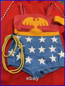 Vintage 1970s Handmade Wonder Woman GIRLS Halloween Costume with Cape & Bracelets