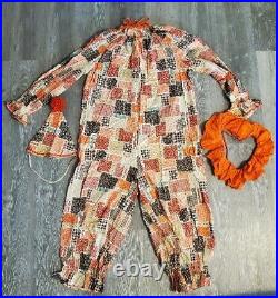 Vintage 70s Handmade Patchwork Clown Suit Hat Ruffle Collar Adult Costume Circus