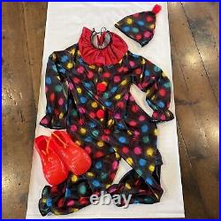Vintage 80s Clown Costume Satin Suit Dots hat plastic shoes MEDIUM/LARGE USA