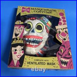 Vtg Halloween Costume Halco Classic Box Rare Plastic Mask Skeleton Smoking Set