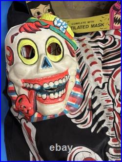 Vtg Halloween Costume Halco Classic Box Rare Plastic Mask Skeleton Smoking Set