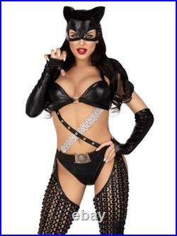Women's 3 Pc Mistress Kitty Halloween Costume With Catsuit Small Black