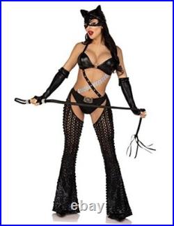 Women's 3 Pc Mistress Kitty Halloween Costume With Catsuit X-Small Black