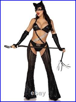 Women's 3 Pc Mistress Kitty Halloween Costume With Catsuit X-Small Black