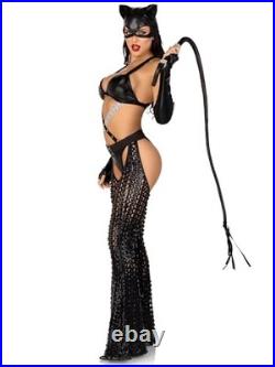 Women's 3 Pc Mistress Kitty Halloween Costume With Catsuit X-Small Black