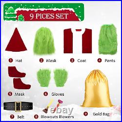 XXL Size Christmas Green Grinch Costume-9PCS Deluxe Suit with Mask